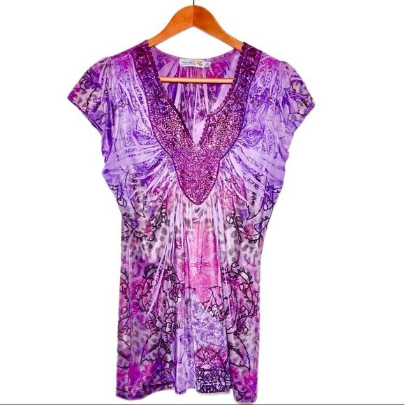 Anthropologie's Unity World Wear Purple Short Sleeve Top, Medium - Picture 1 of 3